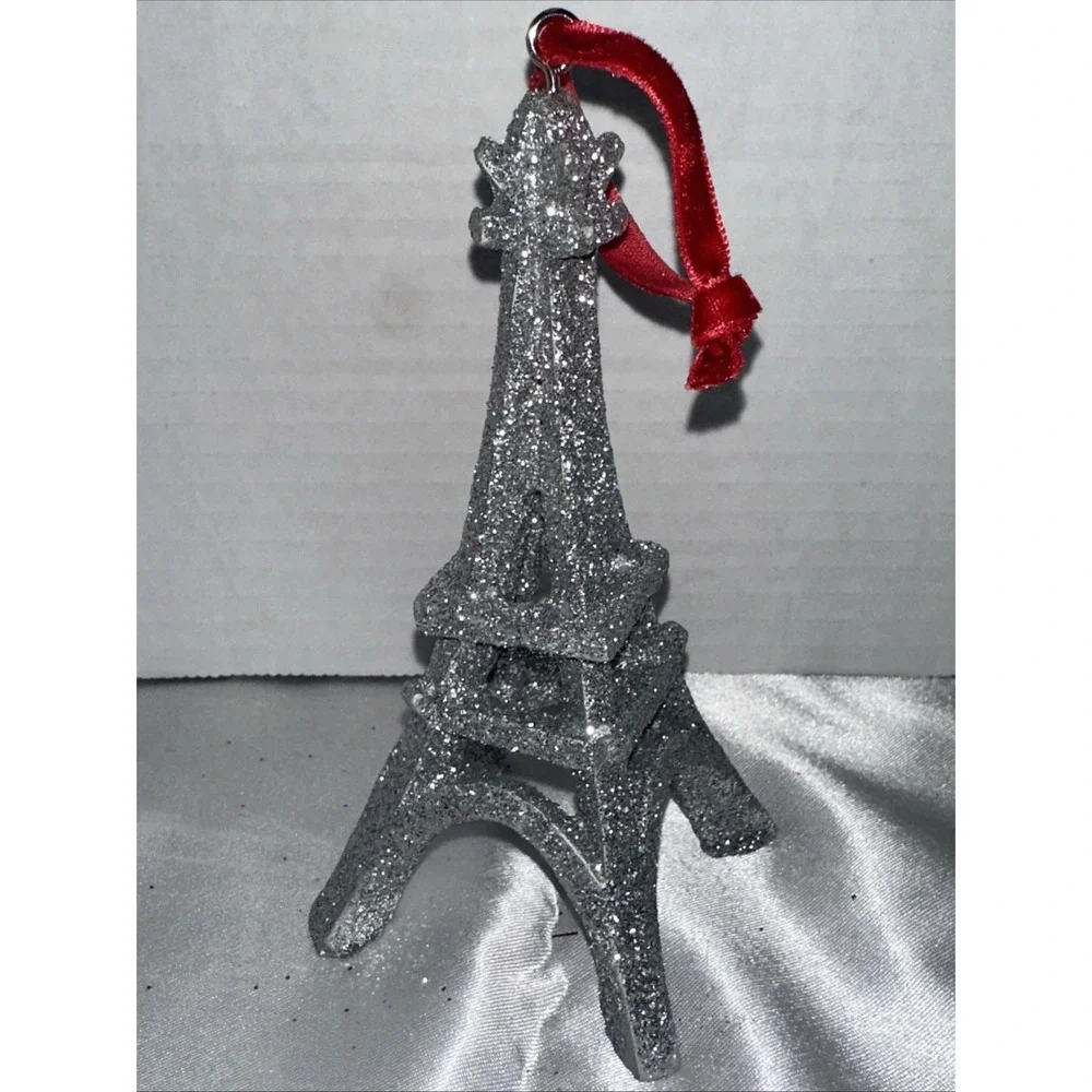 Silver Glitter Eiffel Tower Christmas Ornament Paris France Red Velvet Ribbon
